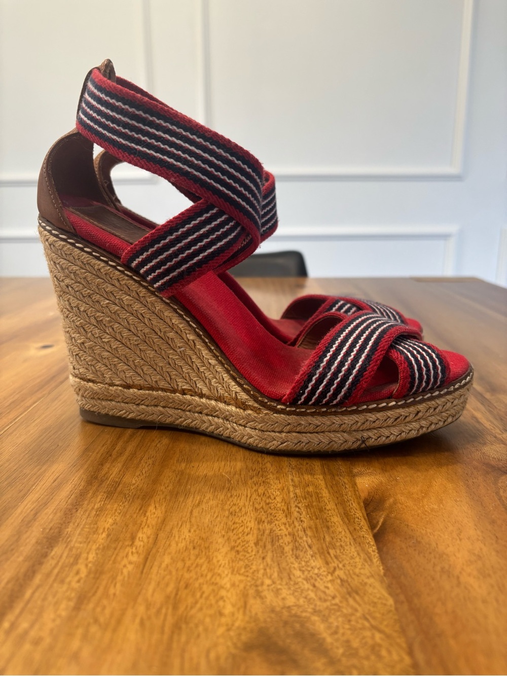 Tory Burch Red Canvas Espadrille Wedge Sandals with Navy & White Straps - Picture 2 of 5